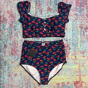 NWT Cherry Print Ruffled Bikini Set